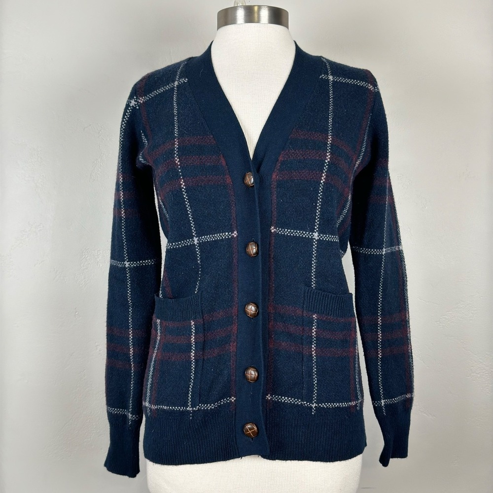 Women Preppy Old Money Equestrian Cardigan Sz Small Plaid V-Neck Button Pockets - Picture 1 of 6
